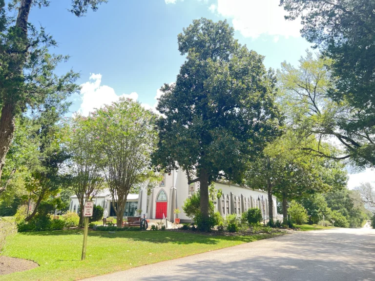 Street view of St. Mary and Joseph Catholic Church grounds near Plantersville, TX