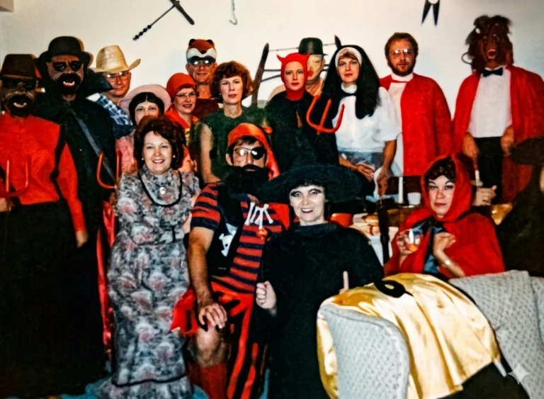 Adults in costume at a private Halloween party.