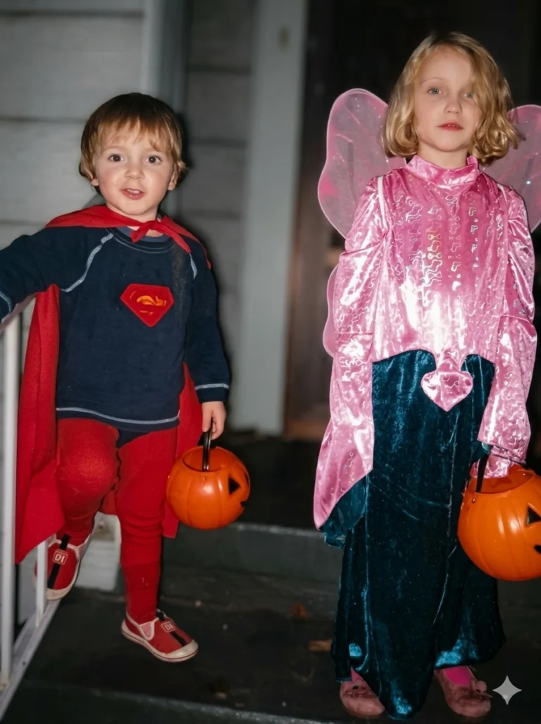 Young boy and girl in Halloween costumes trick or treating.