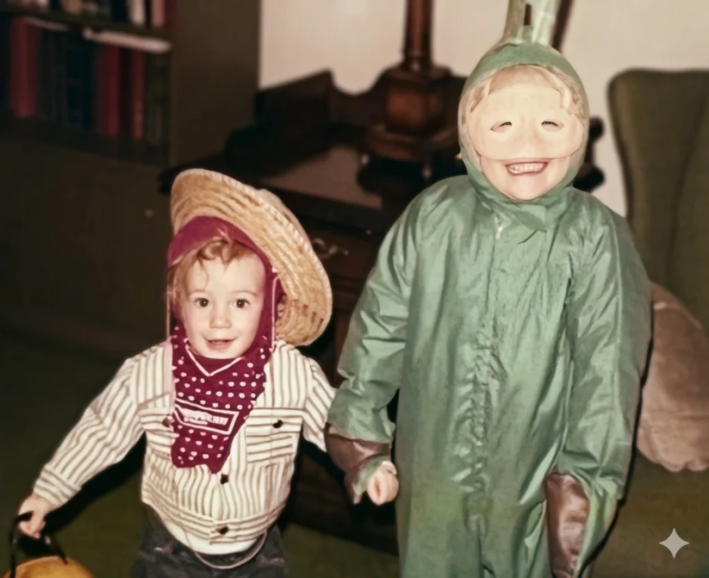 Kids in Halloween costumes posing at home before going out trick or treating.