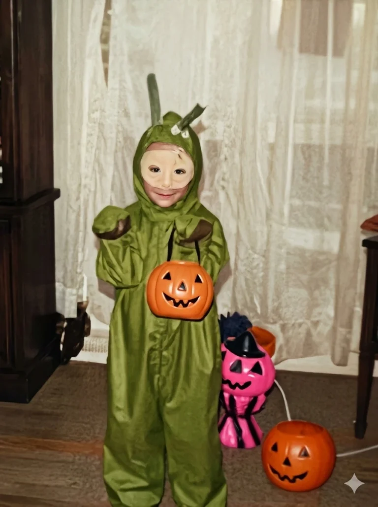 Young boy in praying mantis Halloween costume made by his mom.